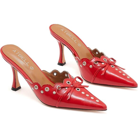 Red Fashion Pointed Toe Women Heels Eyelet Detail Slip On High Heel Mules - Picture 3 of 6